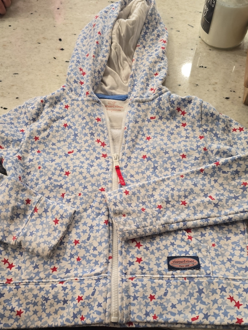 Vineyard Vines White Hooded Zip Jacket with Blue & Red Stars